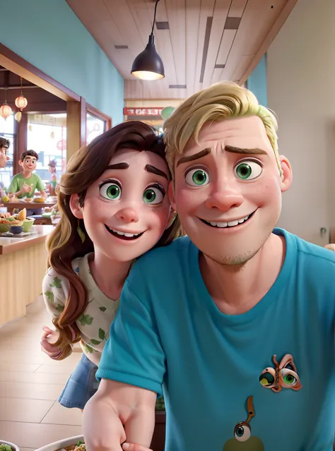 Pixar movie poster of a couple of young lovers taking a picture at the Chinese restaurant. A menina tem cabelos claros e olhos castanhos, The boy is blond and has green eyes