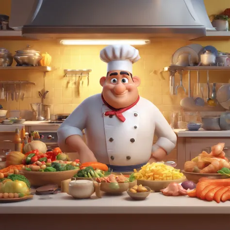 Crie uma cena de desenho animado  estilo 3d -Pixar, Onde um homem, de cabelos pretos com 35 anos de idade, he is cooking dressed as a chef, seafood and vegetables