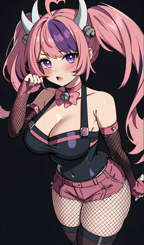 (()), ironmouse,1girl, mature female,horns, virtual vtuber, purple hair, multicolored hair, twintails, pink hair, demon girl, ahoge, bell, blush, purple eyes, bangs, large breasts, fingerless gloves, demon tail, cleavage, elbow gloves, heart ahoge, fishnet...