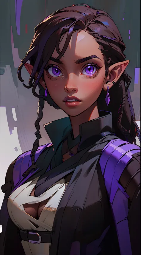 Portrait of an African-American female, with dark black dreadlocks, purple eyes, dark brown skin, pointed ears, slutty assassin, sexy sith lord, lust demon, perfect composition, hyper-detailed, 8K, high quality, perfect eyes, trending art, trending on arts...