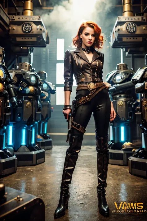 Woman standing in front of a group of robots, Steampunk Synthesis, beautiful android woman, Storms and epic war scenes, inspired by Richard Avedon, Black dieselpunk cop, redhead woman, Girl in suit, Complex fashion clothes, Beautiful Female Soldier