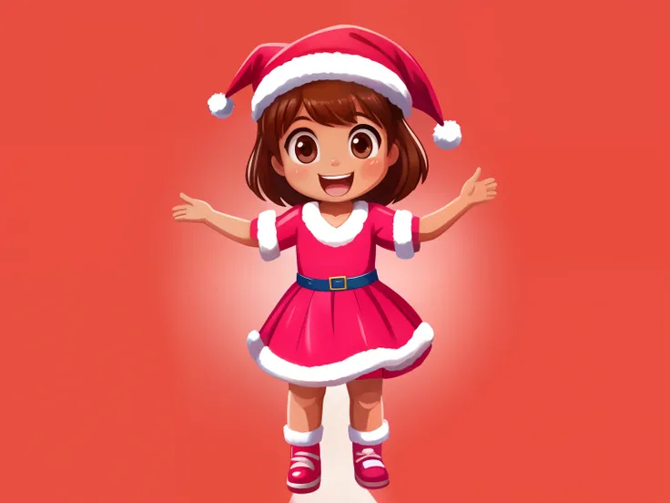 Front image of a 5 year old girl, standing, happy, with brown hair, brown eyes, rosy cheeks, open arms, legs apart, clean background, Christmas outfit, pink gloves, pink shoes, pink hat, childrens illustration style 2D.