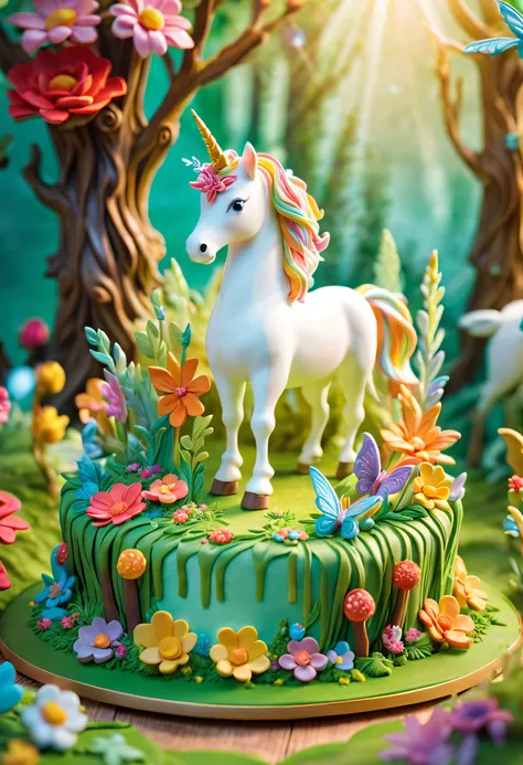 In a fairytale-like forest, a mysterious unicorn stands on a lush green meadow. In front of it, there is a magical birthday cake. The sugar sculptures on the cake form a miniature forest world, with delicate trees, colorful flowers, and butterflies that se...