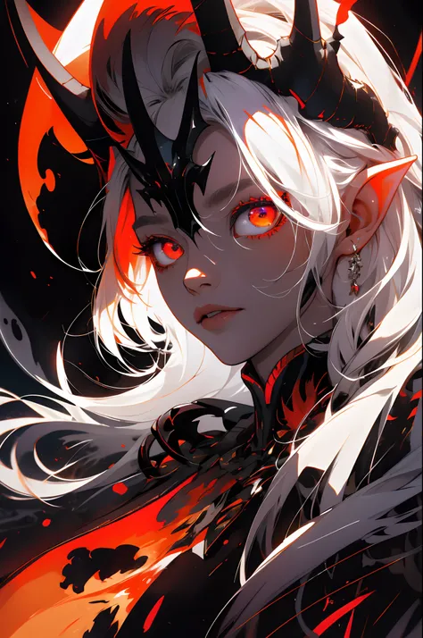 masterpiece, best quality, ultra-detailed, absurdres, colorful, 1girl, solo, (solid red eyes:1.0), (white hair, long hair, straight hair, hair over one eye:1.0), detailed eyes, wide-eyed, eyelashes, (upper body:0.8), monster girl, side view, glowing eyes, ...