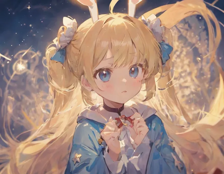 girl，With rabbit ears on the head，adolable，Blonde Blue Eyes, Stars in the eyes, Twin-tailed