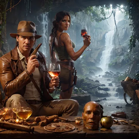 crea una imagen de Indiana Jones y Lara Croft (tomb raider) Sipping wine in an archaeological tomb ((agrega tesoros)) con una cascada y jungla de fondo. aplica super realismo, 4K, 8k, Maximum resolution,