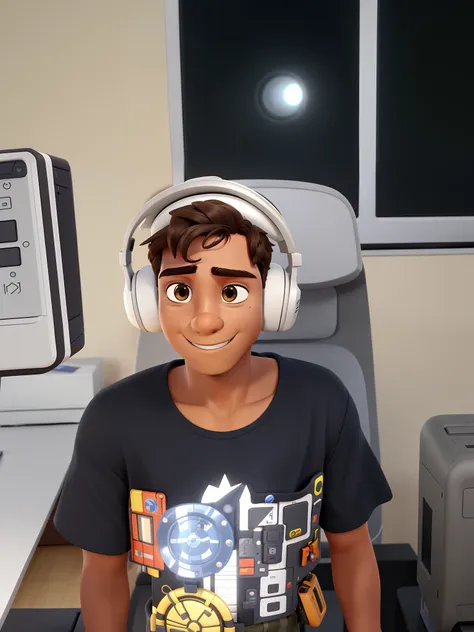 Um menino de quatorze anos, bronzeado de sol, enfrente ao seu computador , corte de cabelo estilo militar , with your headset on your head. Se transforma em um personagem pixar.