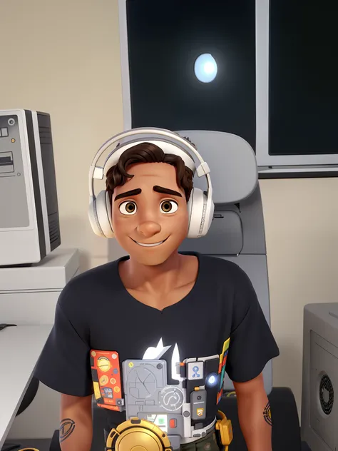 Um menino de quatorze anos, bronzeado de sol, enfrente ao seu computador , corte de cabelo estilo militar , with your headset on your head. Se transforma em um personagem pixar.