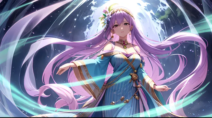 Athena with plain long light purple hair,hair between eyes,green eyes,rosy cheeks,full lips,thin eyebrows,slender body,wearing dress adorned with blossoms and vines and full long skirt,praying beads on neck,beads on neck,cute anime girl,full body,cascading...