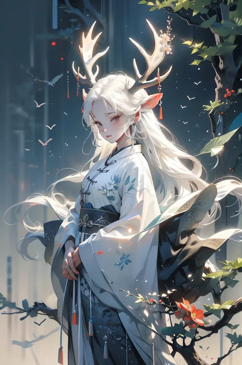 1girll,chinese clothing,flower,masterpiece,best quality,ultra-detailed,deers,white hair,white clothes,water,moon,deers,