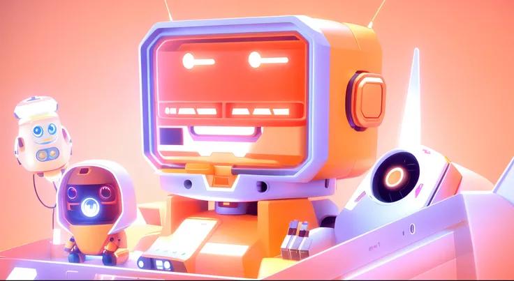 A cute robot，TV robots，Orange-yellow，（screens），3d,8k,Ultra high quality