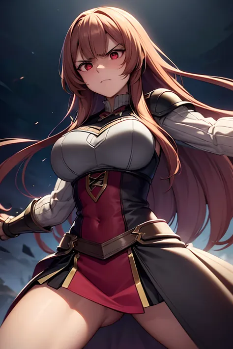 raphtalia's expression of anger is intense and palpable. her red eyes, usually warm and friendly, now narrow with fiery determin...