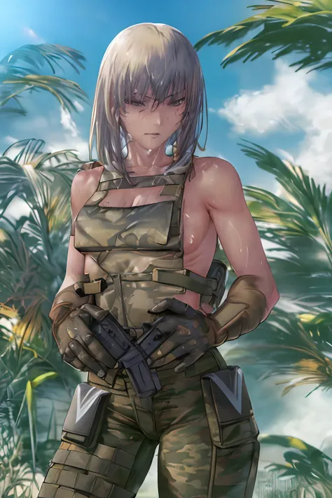 Best quality, masterpiece, naked, serious, sexy pose, Cammo, Sun, hot, dessert, wetting, water, tactical vest, neckline, warfare.