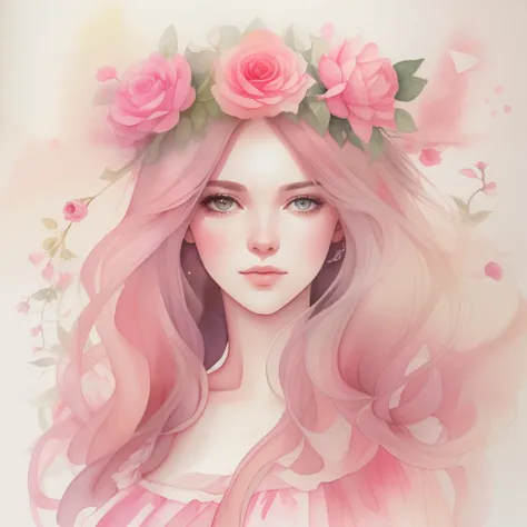 Watercolor painting of a woman with long hair in a pink princess dress with a wreath,doress、Delicate depiction、roses、dahlia、Flower petals scattering in the background