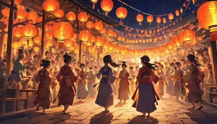 Lantern night、Traditional celebrations
### Example of a prompt
Ming dynasty, Traditional Lantern Festival, Village scene, colorful lanterns, glowing lanterns, a joyful atmosphere, traditionalcostumes, Historical traditions, Celebration, Cultural heritage, ...