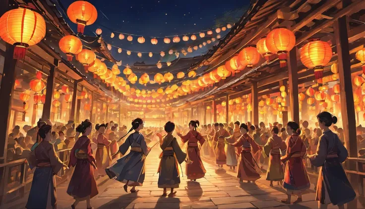 Lantern night、Traditional celebrations
### Example of a prompt
Ming dynasty, Traditional Lantern Festival, Village scene, colorful lanterns, glowing lanterns, a joyful atmosphere, traditionalcostumes, Historical traditions, Celebration, Cultural heritage, ...