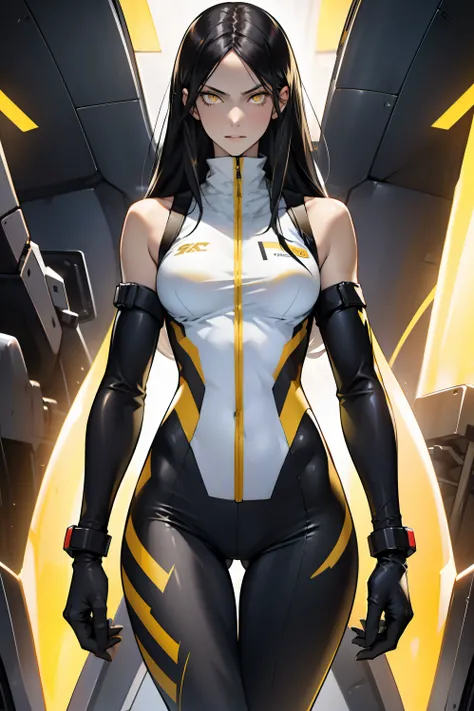 1 girl, black hair, yellow eyes, very long hair, pale skin, fit body, slender body, slim waist, large breasts, (confident expression), pilot suit, thigh gap, bare thighs, sleeveless