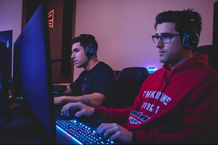 Its two clean-shaven men sitting in front of a computer screen, jogos, Streaming na Twitch, Brincando, Desportivo, Jogos LED, playing video games, jogando jogos de computador, Estilo e-sport, jogador, twins playing video games, Streamer do Twitch / Jogador...