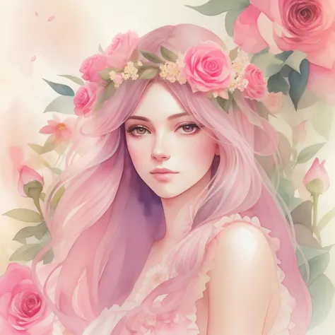 Watercolor painting of a woman with long hair in a pink princess dress with a wreath,doress、Delicate depiction、roses、dahlia、Flower petals scattering in the background