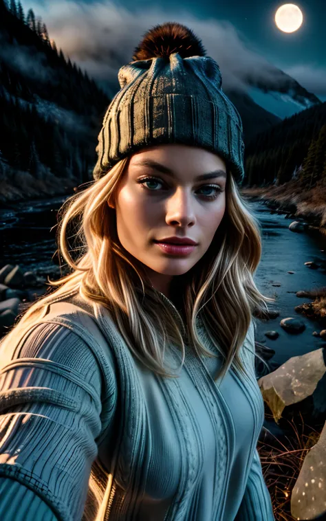 Margot Robbie, photorealistic, best quality, hyper detailed, beautiful woman, selfie photo, upper body, solo, wearing pullover, outdoors, (night), mountains, real life nature, stars, moon, (cheerful, happy), sleeping bag, gloves, sweater, beanie, flashligh...