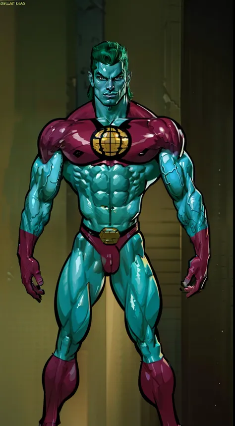 captain planet, design sheet, ((thin jaw)), captain planet, blue face, colored skin, (slendered abs), green hair, masterpiece ,muscular, veins, big arms, chiseled chest, detailed , shiny skin, powerful, godlike