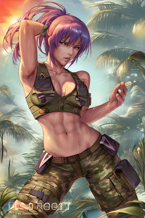 Best quality, masterpiece, naked, serious, sexy pose, Cammo, Sun, hot, dessert, wetting, water, tactical vest, neckline, warfare, leona from the king of fighters, anime.