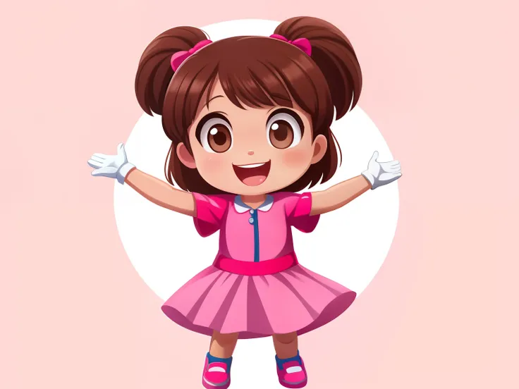 Frontal image of a 5 year old girl, standing, happy, with brown hair, brown eyes, rosy cheeks, open arms, legs apart, clean background, pink clothes, white gloves, pink shoes, 2D childrens illustration style.