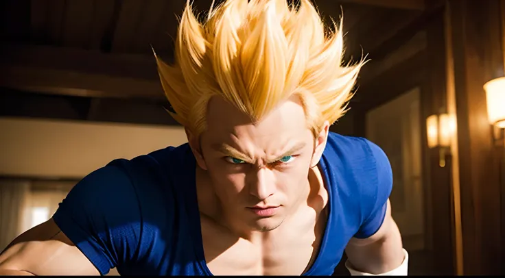 (masterpiece, best quality: 1.2), solo, male focus, 1boy, vegeta, furious, fighting pose, bruised, looking at the viewer, blonde hair spiked, black eyes, armor, white gloves, realistic