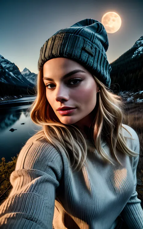 Margot Robbie, photorealistic, best quality, hyper detailed, beautiful woman, selfie photo, upper body, solo, wearing pullover, outdoors, (night), mountains, real life nature, stars, moon, (cheerful, happy), sleeping bag, gloves, sweater, beanie, flashligh...