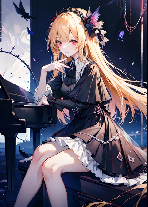 女の子1人、独奏、length hair、piano、Red Eyes、doress、Black Dress、Luxurious dresses、Black tights、Light blonde hair、Particles of light、mournful smile、Stand in front of the piano in the hall、Stand in front of the piano、spot light、Black Rose Motif Dress、bangss、Piano Hea...