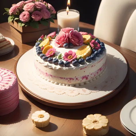 Heartwarming scene,There was a birthday cake on the table,The cake has delicate fruits on it,(The cake is painted with beautiful patterns),(There is a bouquet of flowers and gifts next to the cake),tmasterpiece,the highest picture quality,high detal