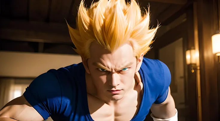 (masterpiece, best quality: 1.2), solo, male focus, 1boy, vegeta, furious, fighting pose, bruised, looking at the viewer, blonde hair spiked, black eyes, armor, white gloves, realistic