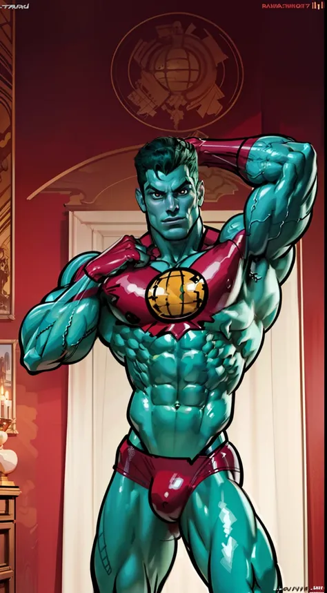 captain planet, design sheet, ((thin jaw)), captain planet, blue face, colored skin, (slendered abs), green hair, masterpiece ,muscular, (veiny biceps:1.1), big arms, chiseled chest, detailed , shiny skin, powerful, godlike