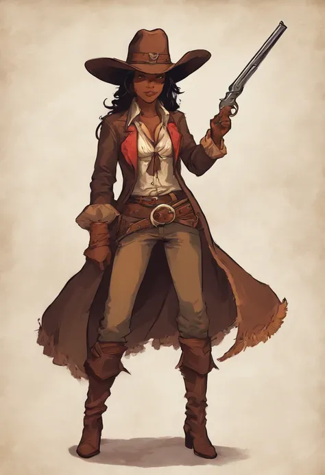 female tiefling gunslinger cowboy outlaw. sexy but fully clothed. dark hair medium length hair and horns like a ram.