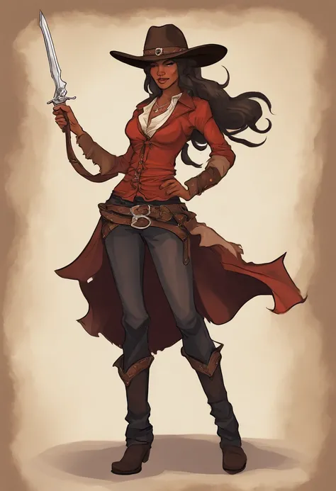 female tiefling gunslinger cowboy outlaw. sexy but fully clothed. dark hair medium length hair and horns like a ram.