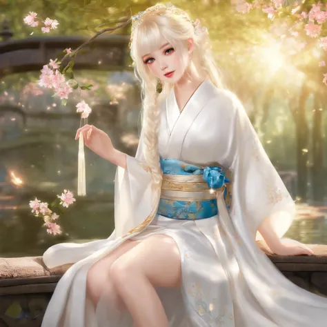 Kimono、bright expression、Young shiny shiny white shiny skin、Best Looks、Blonde reflected light、Platinum blonde hair with dazzling highlights、shiny light hair,、Twin-tailed、Beautiful bangs that shine、Glowing crystal clear attractive big blue eyes、Usamimi