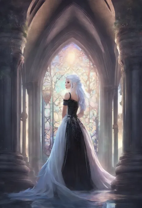 A girl with black and white hair, gothic lolita style clothing, medieval castle