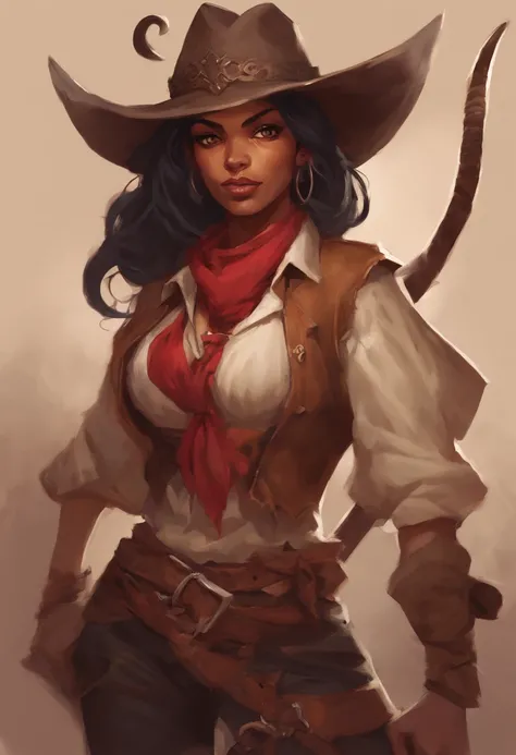 female tiefling race, gunslinger cowboy outlaw. sexy but fully clothed. dark hair medium length hair and horns on her head like a ram.