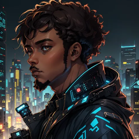 masterpiece, high quality, African man, solo, black male focus, brown eyes, brown hair, blacklight, from above, cyberpunk, blue jacket.