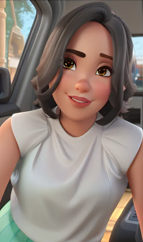 Uma mulher de labios grandes, cabelo curto muito liso estilo disney pixar, alta qualidade, melhor imagem