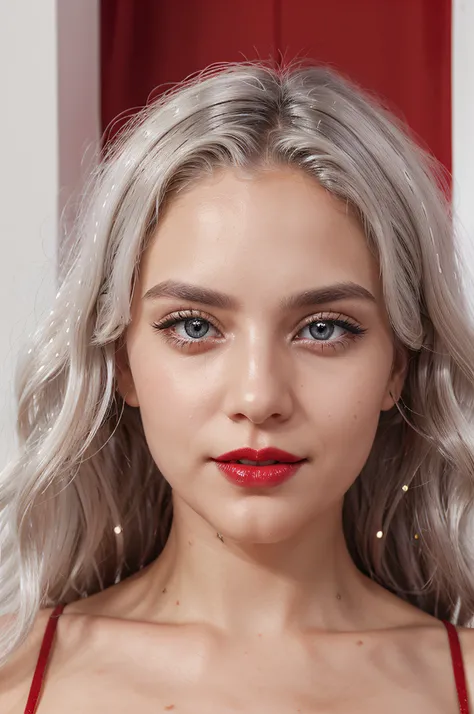 white hair, wavy hair, sparkling eyes, red lips, multiple views, 8k