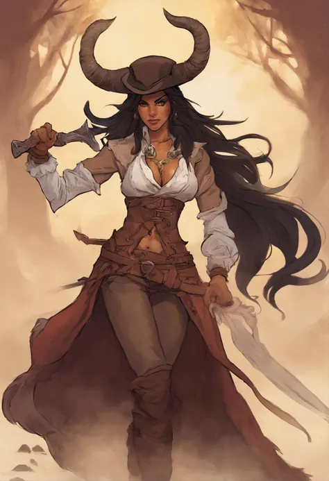 female tiefling race, gunslinger cowboy outlaw. sexy but fully clothed. dark hair medium length hair and horns on her head like a ram.