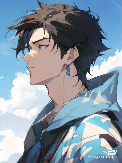 Anime brunette guy，Blue eyes look at the sky, Handsome anime pose, Anime handsome man, Head up，Tall anime guy with blue eyes, handsome guy in demon killer art, Makoto Shinkai ( apex legends ), trigger anime artstyle, Male anime style, High quality anime ar...