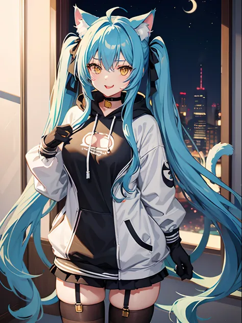 Long Hair, Twintail, Light Blue Hair, Yellow Eyes, Cat Ears, Cat Tail, Big Boobs, Wearing Hoodie, Long Stocking, Nighttime, Wearing Black Gloves, Inside a house, Stick out the tongue