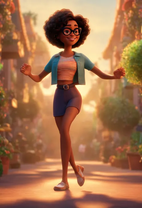 Pixar style image with 3D character glasses black brunette woman short straight hair dancing, Maquiagem Disney,Pescador, bonitinho, sorridente ,Close-up, Pixar, Disney, Cinema lighting,