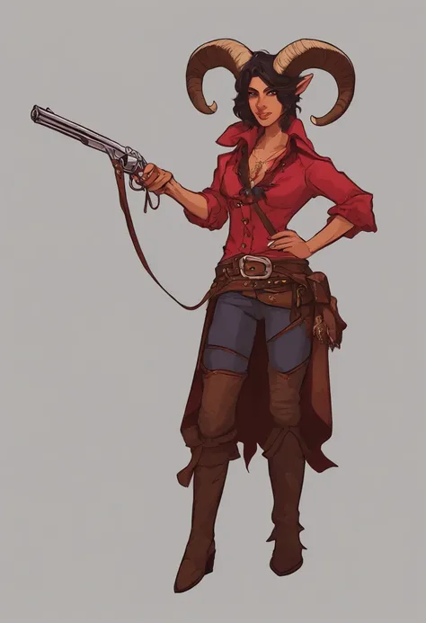 female tiefling dnd round ram horns with light red skin. wearing gunslinger cowboy outlaw style. sexy cute but fully clothed. dark hair medium length hair holding gun