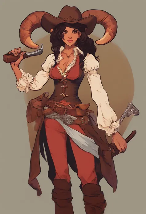 female tiefling dnd round ram horns with light red skin. wearing gunslinger cowboy outlaw style. sexy cute but fully clothed. dark hair medium length hair holding gun