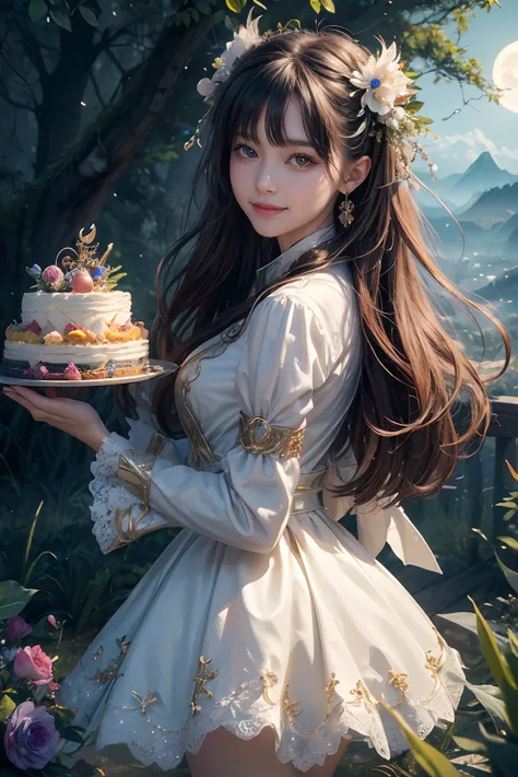 Best quality, 4k wallpaper, Masterpiece, Extremely detailed Cg Unity 8K wallpaper, Extremely detailed eyes, Ultra-detailed, 1girll, Smile, holding a cake, happy birthay,  fantasy, Dragon，Intricate details, fantasy, potrait, Forest of Myths, Magic palace，na...