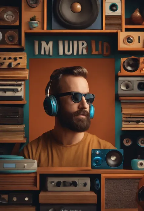 um homem, em breve, barba curta, olhos castanhos, com fones de ouvido, A music studio in the background, discos de vinil, Imagem no estilo Pixar, Estilo de filme animado 3D, Disney, camiseta preta