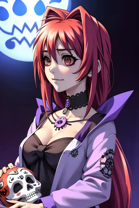 kagami sumika vestida como una catrina, anime girl with long purple hair and skull makeup in front of a background, el dia los m...